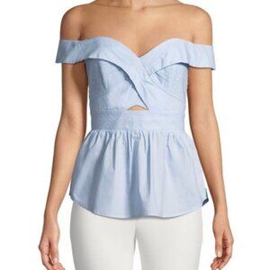 Bardot Sara Peplum Top – Off Shoulder Pale Blue – Size US 6 / AUS 10